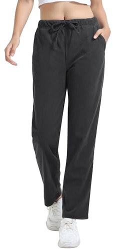 COZZIPLUS Damen Cordhose Elastische Taille Kordelzug Sweatpants Straight Leg Pull on Vintage Hose mit Taschen, Tiefes grau, S