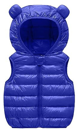 Gilet in piuma senza maniche tinta unita con cappuccio e orecchie d'orso stile cerniera per neonati e bambini battesimo, Blu, 3-6 mesi