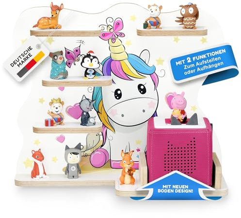 stadtecken Holzregal für Musikbox I passend für die Toniebox und ca. 35 Tonies I Perfekte Aufbewahrung im Kinderzimmer I zum Aufstellen oder Aufhängen I Pony, mit schmalen Boden