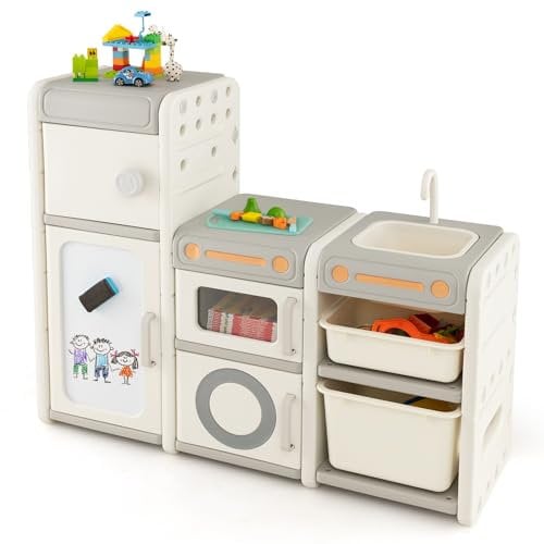 GYMAX Kids Storage Unit, Toddler Toy Organizer with Large Bins, Pull-Out Drawers & Enclosed Cabinets, Children Storage Shelf for Playroom Bedroom (Beige+Grey, Kitchen Shape: 116 x 38 x 98 cm)