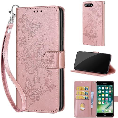 KENHONER Phone Case for iPhone 7 Plus / 8 Plus, Premium PU Leather Wallet Flip Case with Card Slots Kickstand, Rose Gold