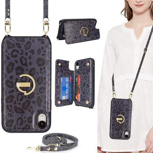 ELTEKER for iPhone XR Phone Case with Card Holder and Strap,PU Leather Wallet Case Flip Cover with Crossbody Lanyard Strap for iPhone XR (6.1 Inch)-Black Leopord