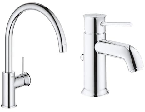 GROHE Robinet de cuisine évier Start, bec haut, rotation bec 360°, robinet & Robinet lavabo de salle de bains Start Classic, mitigeur monocommande avec tirette de vidage, mousseur