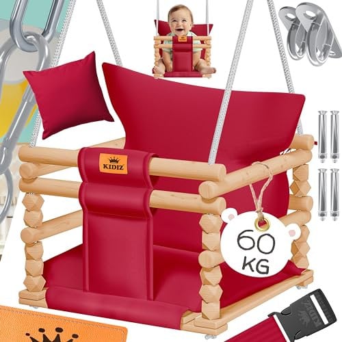 KIDIZ® Babyschaukel Kinderschaukel Schaukelsitz mit Polsterung | Holz-Schaukel mit Anti-Kipp bis 60KG | Höhenverstellbar Indoor & Outdoor | 0,5-3 Jahre | Montagezubehör & Sicherheitsgurt Bordeaux
