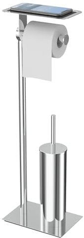 WZRUA Toilet Roll Holder with Toilet Brush, Chrome Toilet Roll Holder Free Standing with Shelf for Wet Wipes, SUS304 Stainless Steel Toilet Roll and Brush Holder for WC, Toilet, Bathroom