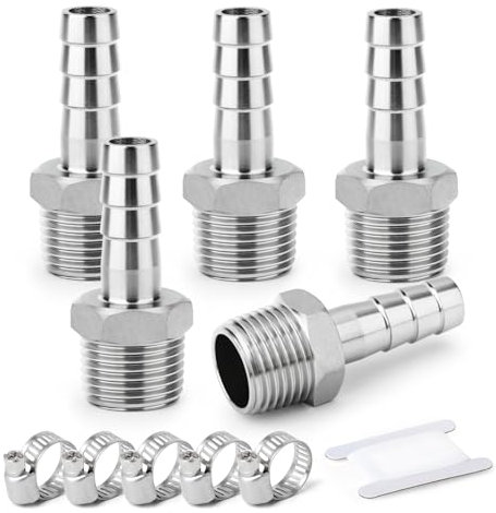 ERGAOBOY 5 Pièces acier inoxydable 304 16 MM OD Barb vers 3/4 BSP mâle BSP raccords, raccords de tuyau en acier inoxydable 304 pour carburant/air/eau/huile