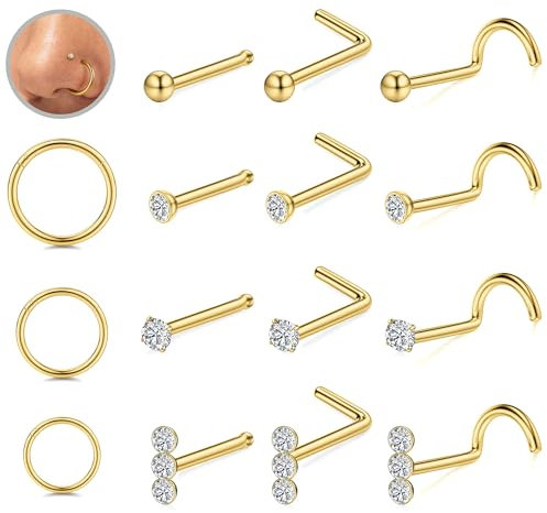 LOLIAS 15Stück Nasenpiercing Gold 316L Chirurgenstahl Piercing Nase 6/8/10MM Nasenpiercing Ring Nasenring CZ Nasenpiercing Stecker Nasenstecker Nostril Schmuck 18K Gold Nasenpiercing Set Damen 18/20G
