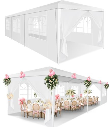 HOTEEL Pavillon 3x9 Wasserdicht Stabil Winterfest, Gartenpavillon 3x9 mit Fenstern & abnehmbaren Seitenwänden, UV-Schutz, für Garten, Partyzelt, Hochzeit, kommerzielle Aktivitäten, inkl. Heringe, weiß