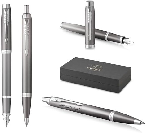 Parker IM Rituals Grey Chrome Kugelschreiber und Füllfederhalter mit Gravur | Premium Stift | Geschenkbox | personalisiert | Geburtstag (Druckkugelschreiber + Füllfederhalter, Grey Chrome)