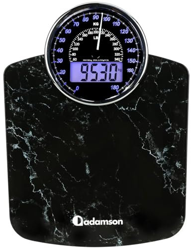 Adamson Hybrid + 2-in-1 Digitale & Analoge Körperwaage bis 180 kg + Dickes Hartglas + Extra Große Anzeige + Einfach Ablesbare Digitale Personenwaage+ NEU 2024 + Marmor Schwarz