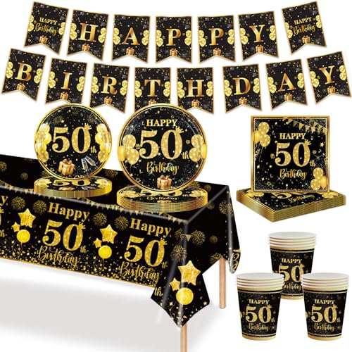 MORAINJAY 50. Schwarzes Gold Partygeschirr Geburtstag 70 Teiliges Set. Pappteller, Pappbecher, Servietten, Papierbanner, 50 Jahre Party für Herren und Damen Geburtstag Tischdeko