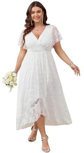 SCOMCHIC Womens Plus Size Wedding Guest Dress Formal Lace Faux Wrap V Neck High Low Short Sleeve Cocktail Maxi Dresses XL-4XL