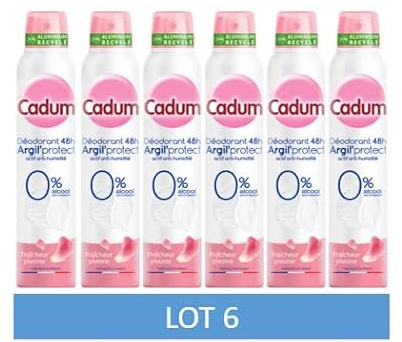Cadum Déodorant 48h Argil'Protect Fraîcheur Pivoine Lot de 6 x 200 ml | Argile blanche anti-humidité, Sans alcool éthylique, Testé peaux sensibles, Notes florales pivoine
