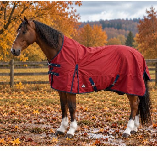 Brama-West Weidedecke Pferd Nevada - Turnout 600D - Winterdecke mit Highneck - Wasserdicht - Fleece-Futter - Farbe Rot
