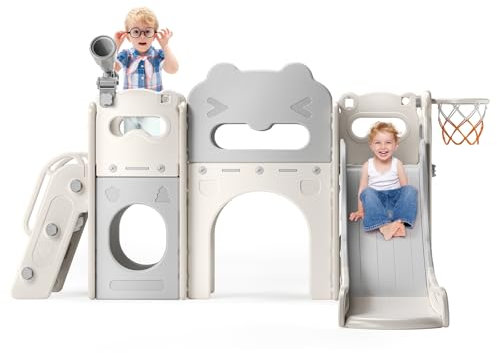 Toboggan pour Enfants,Toboggan 7 en 1 pour Tout-Petits,avec Panier de Basket,Cadre d'escalade de Jardin, télescope, Rangement,Arche Rampante,Toboggan Extra Long 1700 mm(Beige-Gris)