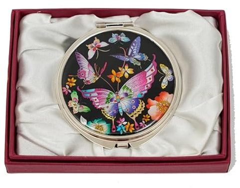 February Mountain Elegant Butterfly and Floral Mother of Pearl Compact Mirror, Dual Magnification (1X & 2.5X) – Lightweight Travel Makeup Mirror in Gift Box (Colorful Butterfly on Black Background)