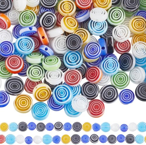 SUNNYCLUE 1 Schachtel Ca. 144 Stück 3 Stränge Flache Lampwork Perlen Große Menge Millefiori Glasperlen Runde Streifen Teufelsauge Lose Abstandshalter Handgefertigte Perlenstränge Für Die Schmuckherste