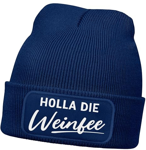 MoonWorks® Damen Beanie mit Patch Strickmütze mit Spruch Holla die Weinfee Aufdruck Lustig Damenmütze