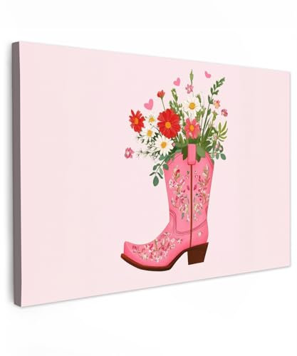 MuchoWow© Leinwandbilder Klein 30x20 cm Mini Wall Art Decoration Bilder für die Wand Schlafzimmer Deko Canvas Painting Wanddekoration Wohnzimmer Cowboystiefel - Rosa - Blumenstrauß - Blumen