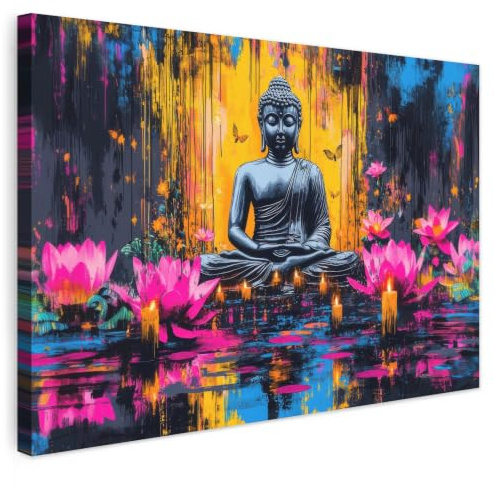 MuchoWow© Bilder Wohnzimmer Deko Modern Wandbild Kunstdruck auf Leinwand | 90x60 cm - Bild Schlafzimmer über Bett Room Decor Geschenke Buddha - Blumen - Kerzen - Gelb