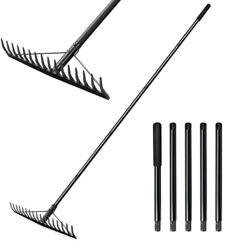 Ezkamfort Garten Rechen,185cm Metall Rechen, Harke mit 17 Stahlzinken mit Metallstiel, Robuste Rasenharke für Die Lockerung Der Nivellierung Boden, Garten Laubharke für Raking Blätter Gras, Unkraut