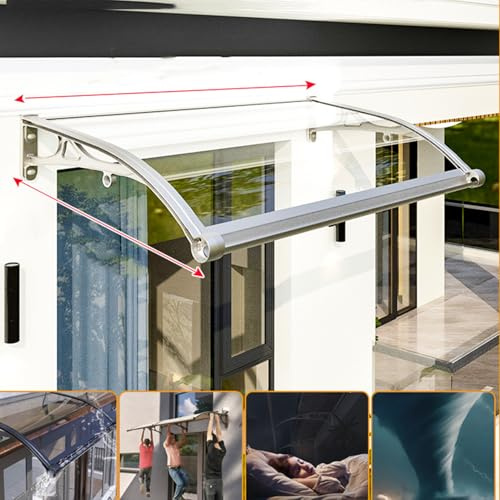Aluminiumvordach mit automatischer Entwässerung, silberfarbene Polycarbonat-Markise für Eingangstür, wasserdicht, 60 x 490 cm, Dach, langlebiger Outdoor-Unterstand, perfekt für den Eingangsbereich