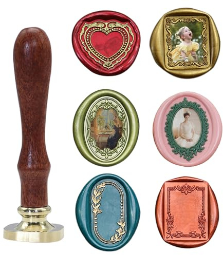 Andotopee 6-in-1 Vintage-Wachssiegel-Stempel-Set mit geprägtem Rahmen, rechteckig, oval, Herz, 3D-Relief-Bilderrahmen, Siegelstempel mit Holzgriff, Retro-Siegelwachsstempel für Hochzeitseinladungen