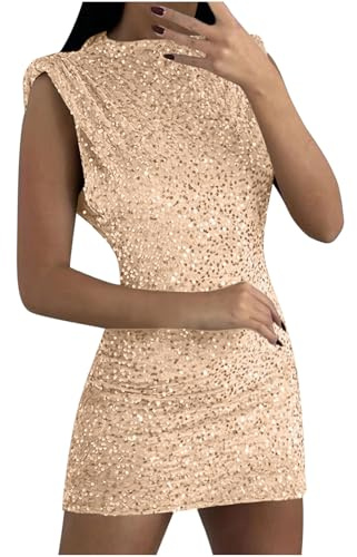 BFSWL Robe à paillettes pour femme - Sans manches - Mini robe moulante - Robe de soirée pailletée, Or rose, XS