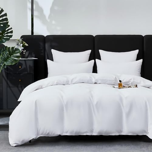 YASMENG Bettbezug aus Baumwoll-Satin, 240 x 260 cm, Weiß, 100 % Baumwolle, Satin, weich, seidig, atmungsaktiv, Lyocell, Seide, Bettwäsche für Doppelbett, mit Reißverschluss und Kissenbezügen, 65 x 65