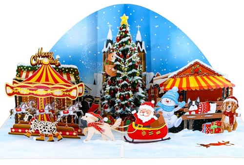 DISJOURNEY Weihnachtskarten 3D - Frohe Weihnachtsstadt Pop Up Karte Weihnachten - Weihnachtskarte mit Umschlag - Merry Christmas Cards für Familien Freunden - 15x20cm (Tagsüber)