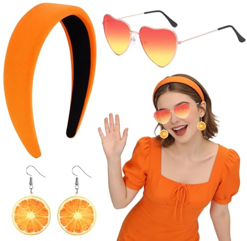 Meleager Aperol Kostüm Accessoires Damen, Aperol Haarreif Orange + Ohrringe Orangenscheiben + Herz Brille Orange für Karneval Party, Cocktailempfänge