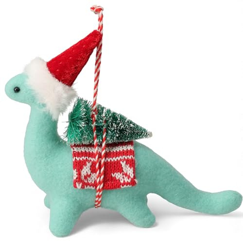 MIJOMA Weihnachts-Deko Dino zum Aufhängen – Stoff-Dinosaurier mit Mütze & Tannenbaum – niedlicher Weihnachtsbaumschmuck – Winterdeko (Dino Bronto grün)