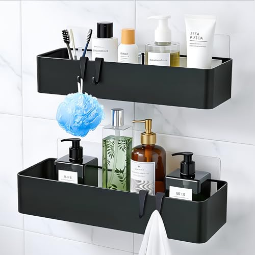 Duschablage Ohne Bohren Schwarz 2er Set, Selbstklebende Duschregal Rostfrei | 15 KG Tragkraft, Verstärktes Metall Große Kapazität, Schnell Trocknend Kein Staunässe, Groß+Mittel für Shampoo Duschgel Seife