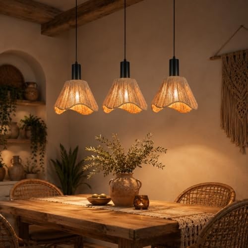 Deboola Hängelampe Boho Pendelleuchte Rattan 3 Flammig Esstischlampe | Vintage Geflochten Hängeleuchte Lampenschirm Papierseil E27 Pendellampe für Esszimmer Schlafzimmer/Ohne Leuchtmittel