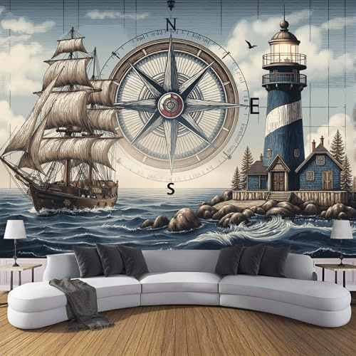 DACRWEKZ Peint Panoramique Phare et navire, Papier Peint Bleu marine Motif thème nautique, Tapisserie Panoramique Salon Canapé Fond, Décoration Murale Chambre, 400x280cm