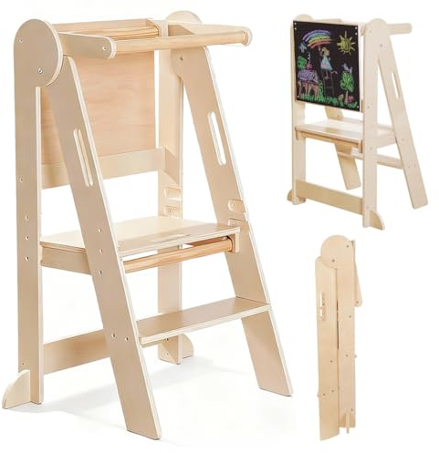 Montessori Lernturm klappbar & 3-stufig höhenverstellbar - Faltbarer Küchenhelfer für Kinder - Mitwachsender Tritthocker aus Holz mit Sicherheitsgeländer, platzsparend für Küche und Bad