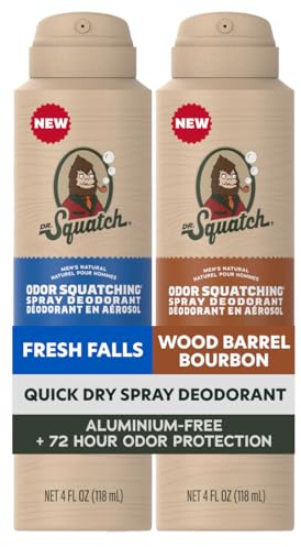 Dr. Squatch Natürliches Deodorant-Spray für Männer Aluminiumfrei (2er-pack) | Schnelltrocknendes Deodorant-Spray für Männer, 72 Stunden Schutz vor Körpergeruch (Fresh Falls & Wood Barrel Bourbon)