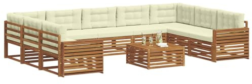 vidaXL Sofagarnituren 10 pcs Natur und Creme Massivholz Akazie, Moderner Garten-Sofa, Outdoor-Sitzgruppe, Lounge-Set für die Terrasse, bequem und robust