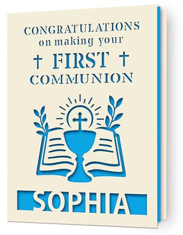 EDSG Personalised First Holy Communion Card, Communion Congratulations Card with Envelope, First Holy Communion Card Gifts for Boys Girls Daughter Granddaughter Grandson (Blue)