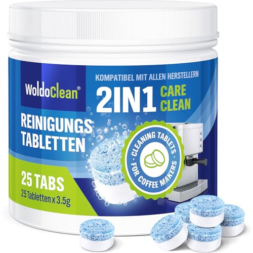 WoldoClean 2 Phasen Reinigungstabletten 25 Stück - für Kaffeevollautomaten | Löst Kaffeefett und Rückstände, schützt Brühgruppe und Leitungen, kompatibel mit Jura, Siemens, DeLonghi, Sage, Nivona
