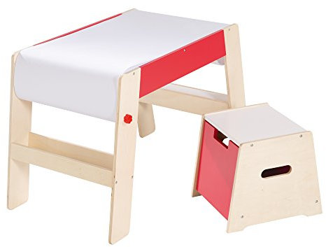 roba Maltisch & Hocker Set, Kindertisch & -Stuhl Kombination Holz natur/rot, Schreibtisch für die Vorschule inkl. Stuhl mit Papierrolle