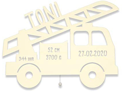 hellomini Personalisierbares LED-Nachtlicht mit Name für Kinder & Babys | Holz-Wandlampe | Schlummerlicht mit Motivwahl – Geschenk zur Geburt & Taufe (Lars das Löschfahrzeug)