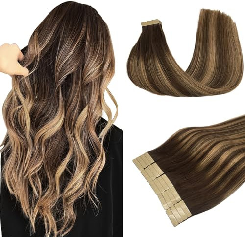DOORES Remy Menschliches Haar Adhesive Glatt Haar Extension Balayage Schokoladenbraun bis Karamellblond 35cm (14zoll) 50g 20pcs, Gerade Haar Tape in Extensions Echthaar