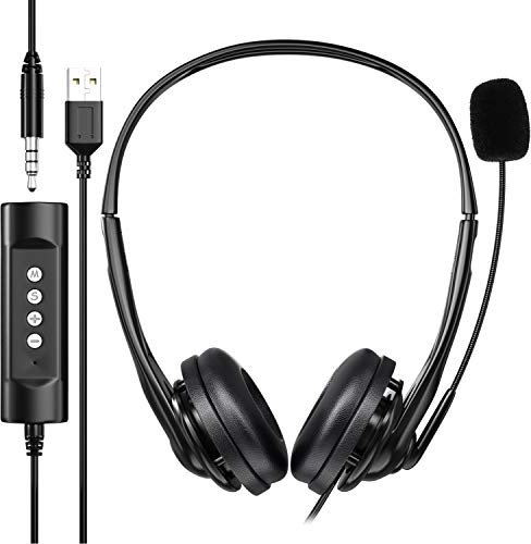 Newaner USB Headset für PC/Computer, 3,5 mm, Leichter Stereo-Sound mit flexiblem Mikrofon, Telefonkopfhörer für Skype, Voip, Teamspeak, Mac, PC, Smartphone, Tablet