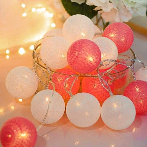 LED Lichterkette mit 20 Baumwollkugeln, Rosa Lichterketten Cotton Ball Nachtlicht Hochzeit Weihnachten Mädchen Kinderzimmer Innen Deko