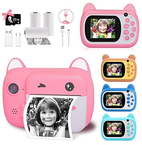 TOYOGO Cámara de impresión instantánea para niños, cámara Selfie para niños, con 3 Rollos de Papel Impreso, 1000 mAh, Doble Lente, grabadora de vídeo HD 1080P para niñas y niños Regalos Juguetes (Rosa