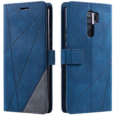 SONWO Hülle für Xiaomi Redmi 9, Premium Leder PU Handyhülle Flip Case Wallet Silikon Bumper Schutzhülle Klapphülle für Xiaomi Redmi 9, Blau