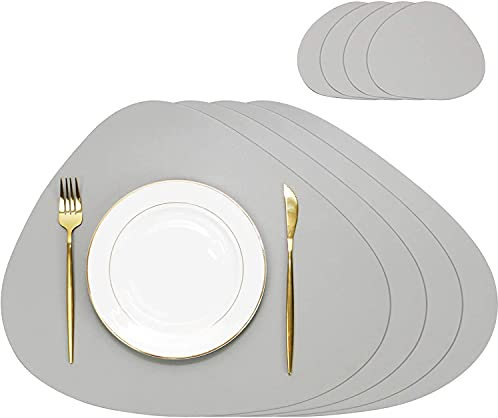 ACMEDE Platzset oval, 4er Set Lederoptik Tischset und Untersetzer wärmedämmend, schmutzabweisend, rutschfest, Tischset wasserdicht, waschbar, abwischbar,Bunte Tischset (hellgrau)