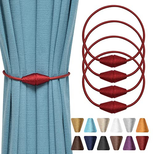 Pretty Jolly Magnetische Vorhang-Raffhalter, handgefertigt, gewebt, Seil, Vorhanghalter, praktisch, dekorativ, kegelförmig, Raffhalter für Zuhause und Büro, Fenstervorhänge, Weinrot, 4 Stück