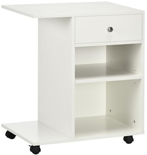 Vinsetto Armario para Impresora de Oficina Carro Multifuncional con Ruedas 2 Compartimentos Cajón y Soporte para CPU Estante Ajustable para Estudio 60x40x68,5 cm Blanco Veteado de Madera